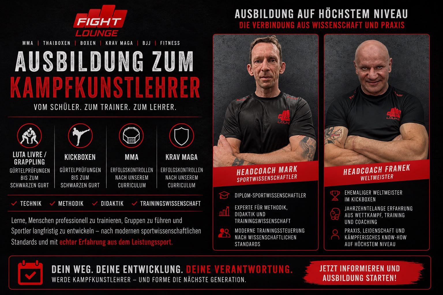Ausbildung zum Kampfkunstlehrer in der Fight Lounge: Luta Livre/Grappling, Kickboxen, MMA und Krav Maga. Ausbildung auf höchstem Niveau mit Headcoach Mark (Diplom-Sportwissenschaftler) und Headcoach Franek (Weltmeister im Kickboxen).
