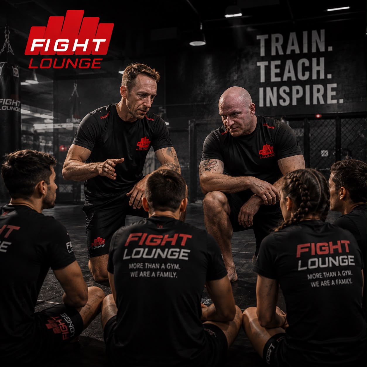 Headcoach Mark und Headcoach Franek erklären einer Trainingsgruppe in der Fight Lounge Techniken. Train. Teach. Inspire.